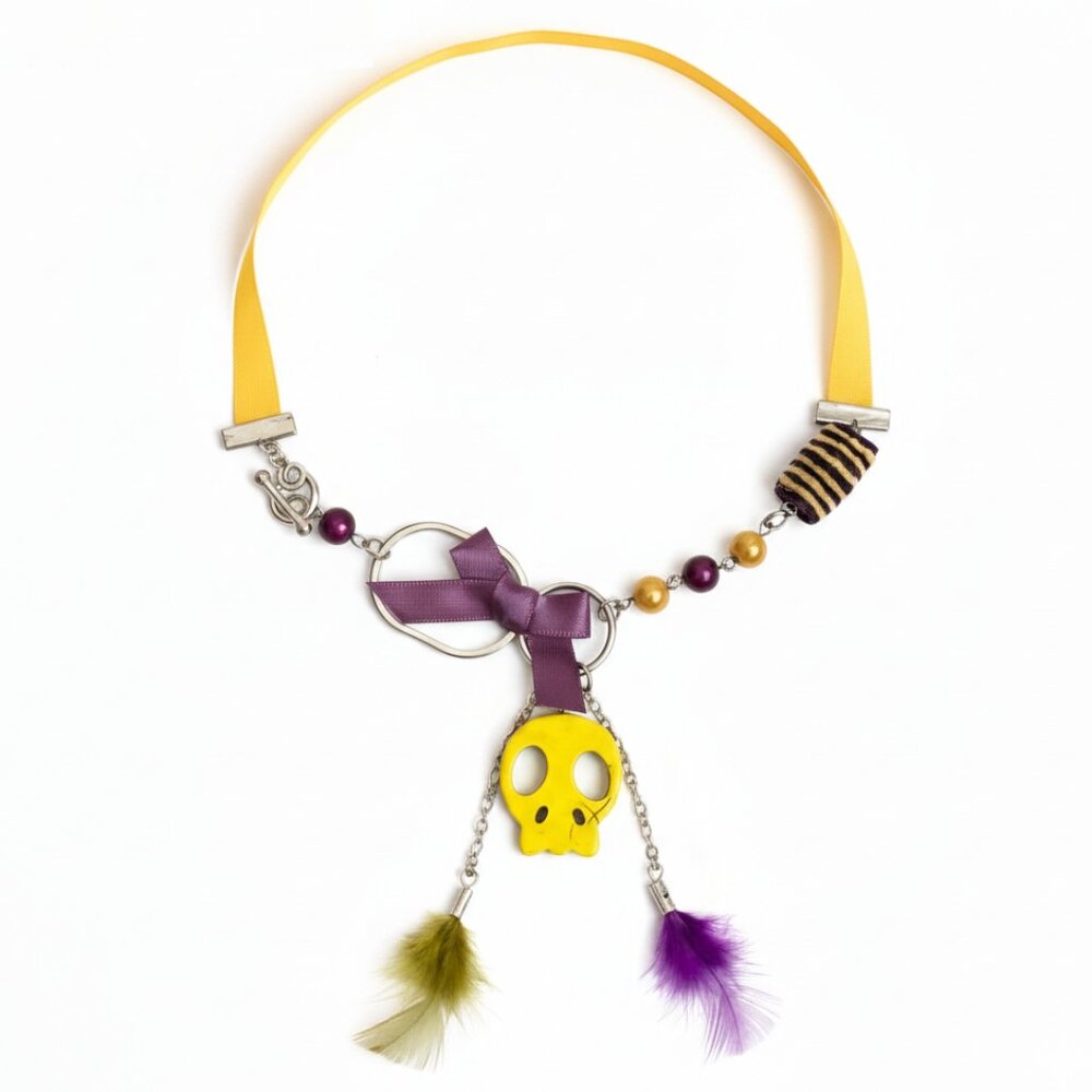 Handmade - Skull short necklace - ruban bead feather -yellow purple